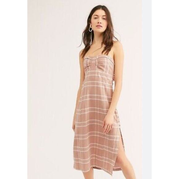 Free People Endless Summer Life Like This Plaid Strapless Midi Dress Brown Large - Picture 1 of 14